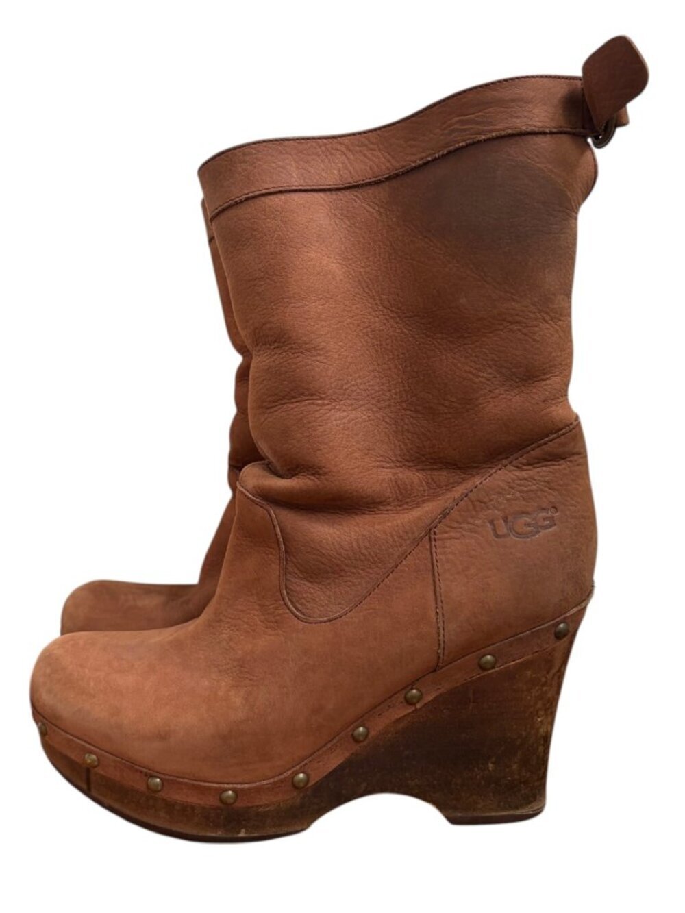 UGG Womens 9 Carnegie Brown Suede Leather Shearling Lined Wedge Heeled Boots - Picture 3 of 12